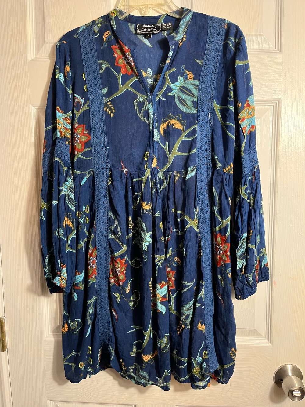 Anandas collection Navy Floral Long-Sleeve Midi Dress L